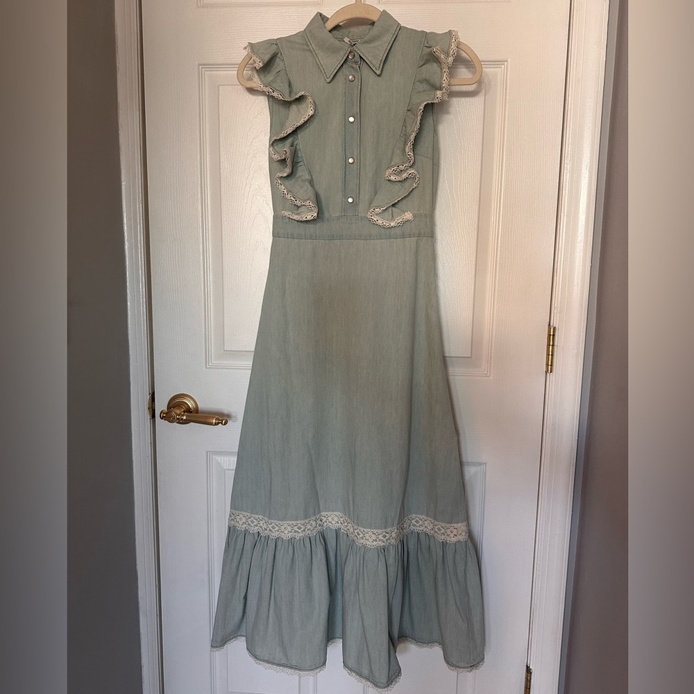 Miu Miu Sleeveless Denim Ruffle Midi Dress
